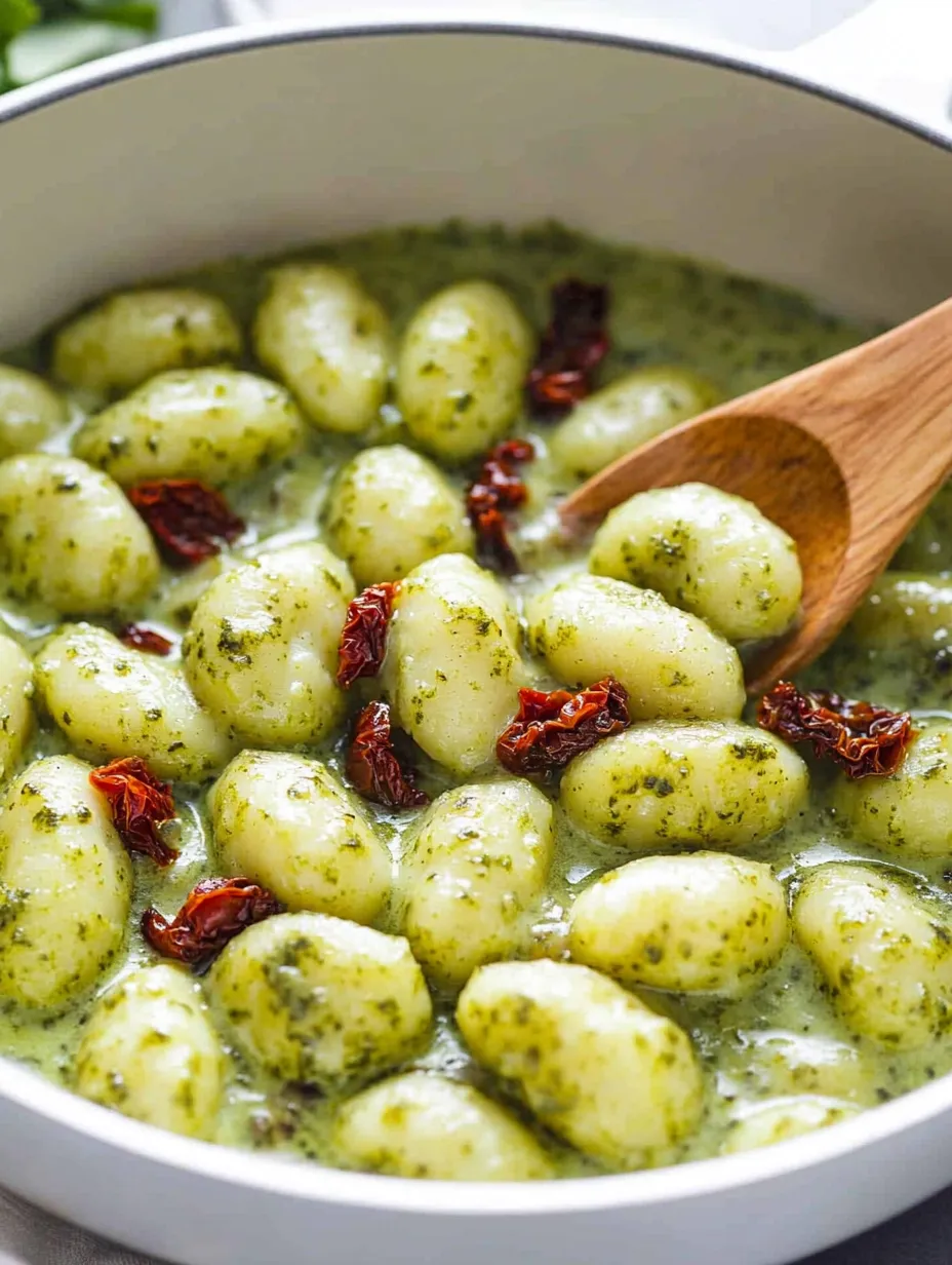 Un plato de ñoquis con salsa cremosa de pesto.