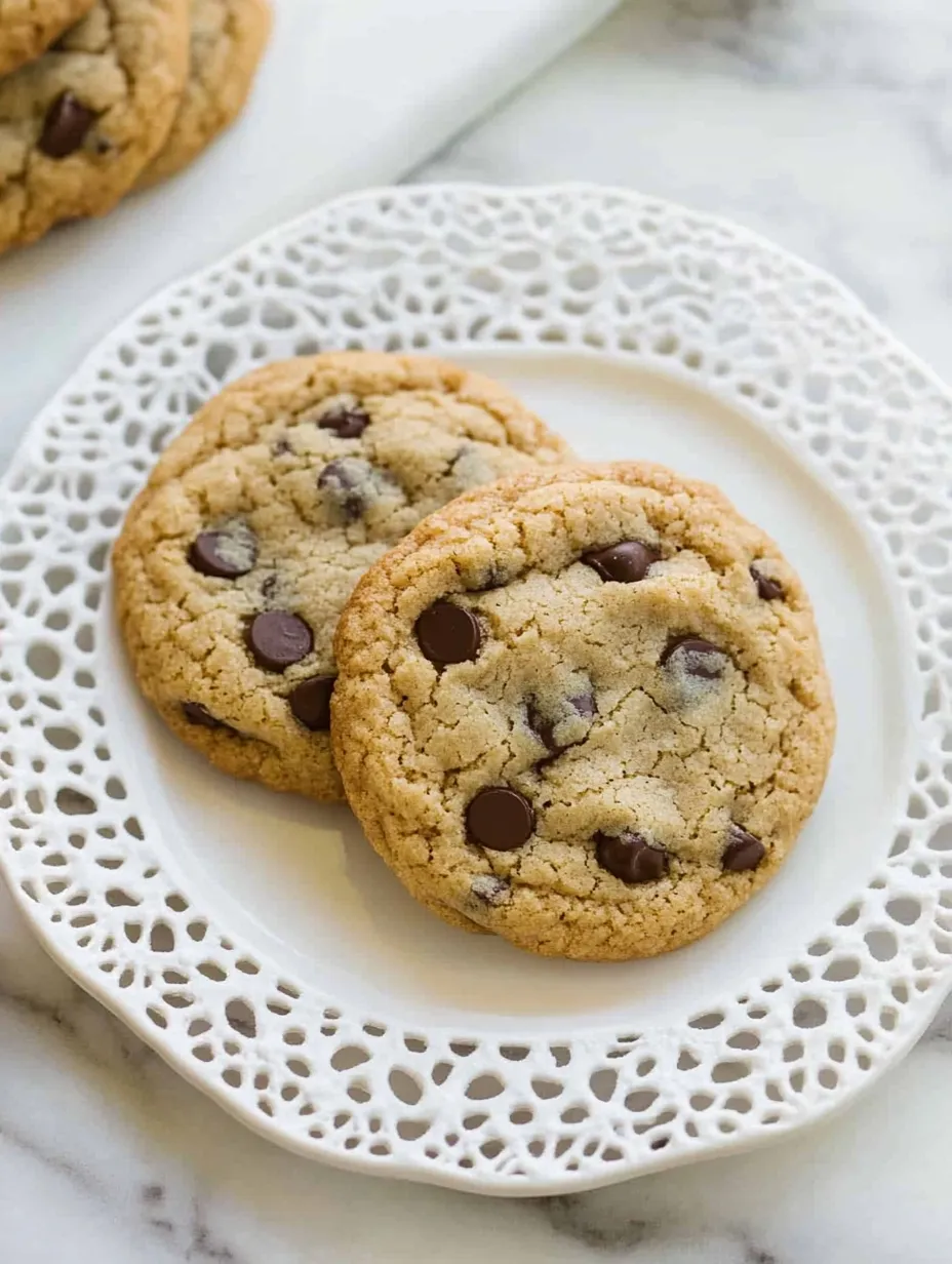 Dos galletas de harina de almendra con chips de chocolate en un plato blanco.