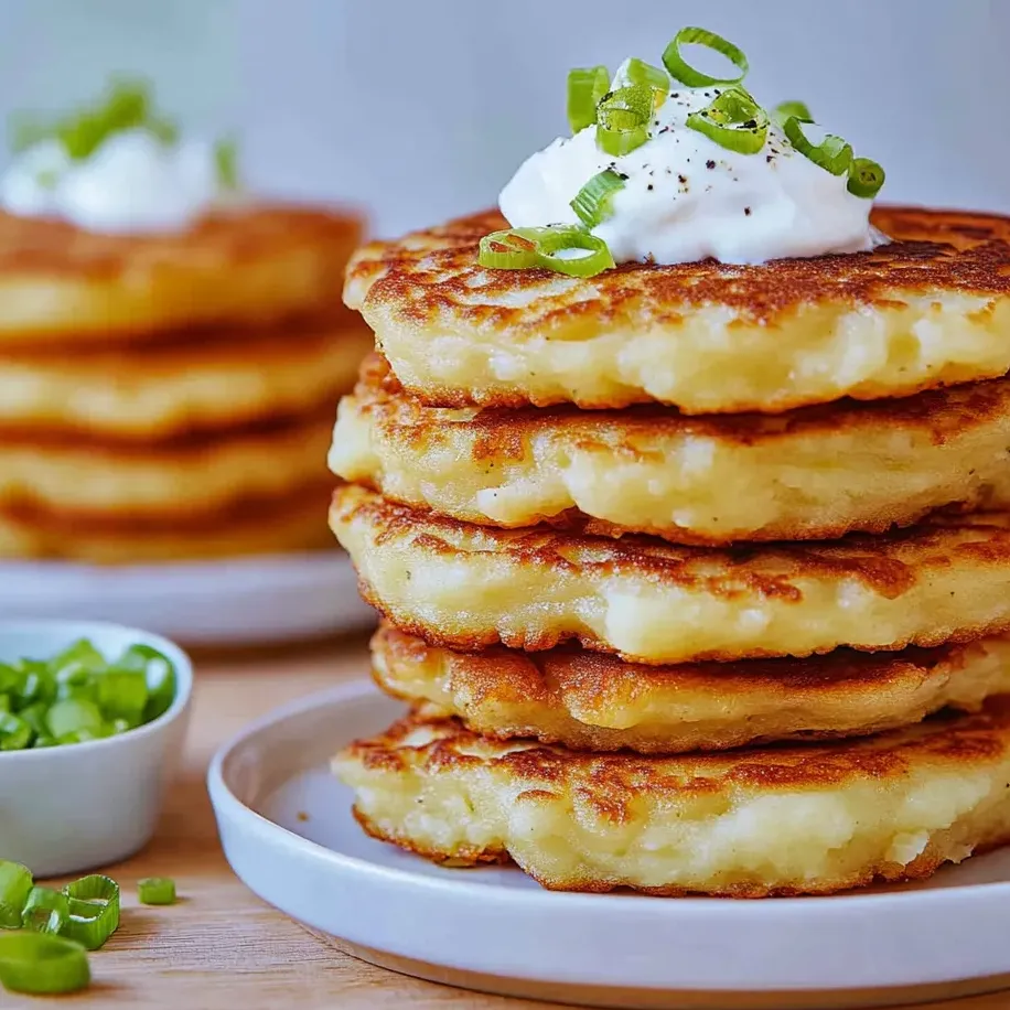 Un montón de tortitas de puré de patata con salsa blanca por encima.