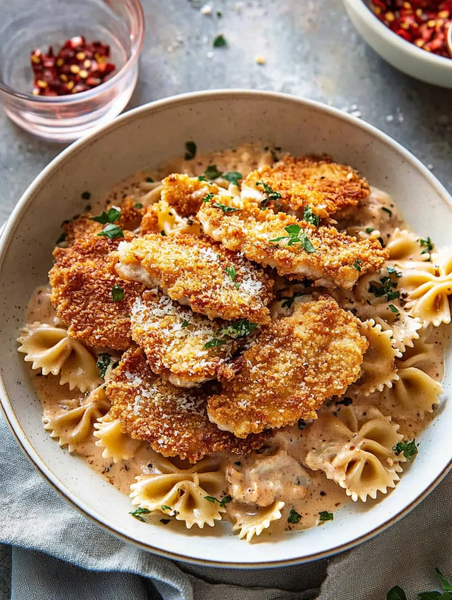 Un plato de pollo con queso parmesano.