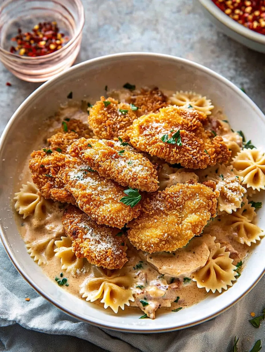 Un plato de pollo con pasta.