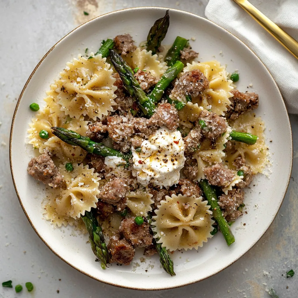 Un plato de comida con pasta, salchicha y espárragos.