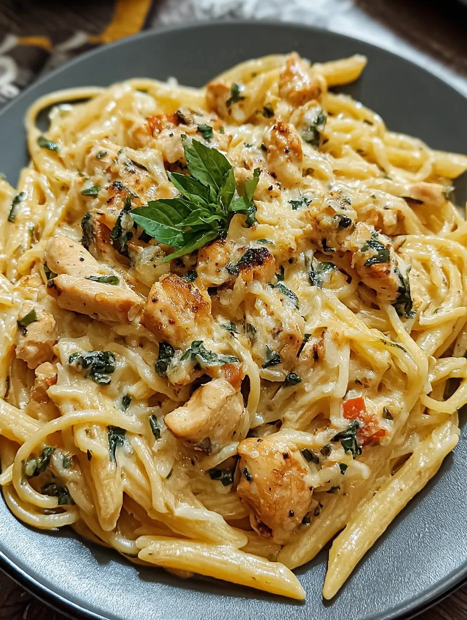 Un plato de pollo y pasta con guarnición verde.