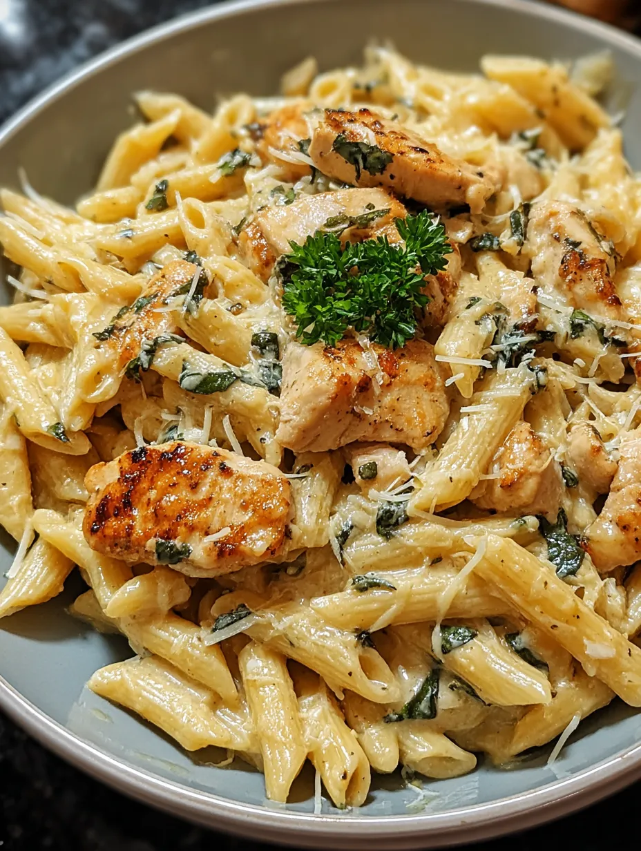 Un tazón de pasta con pollo y perejil.