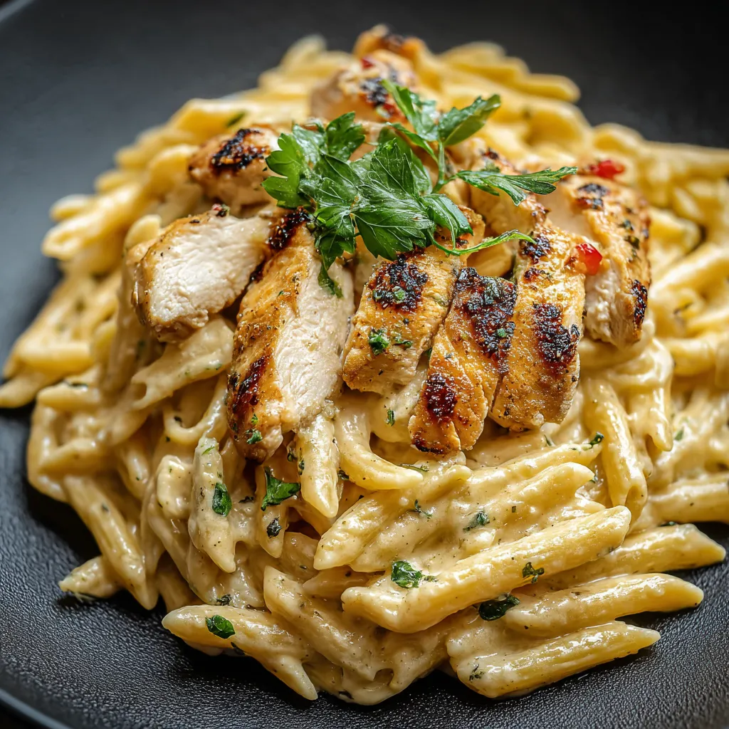 Un plato de pollo y pasta con adorno verde.