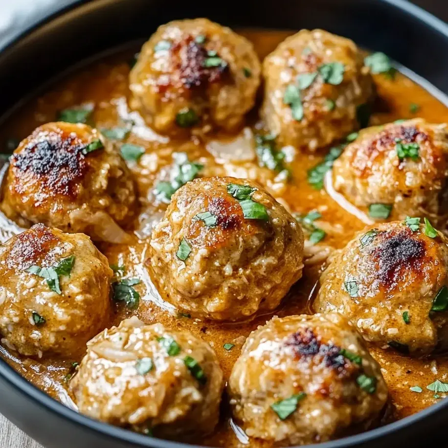 Un tazón de albóndigas en salsa marrón.