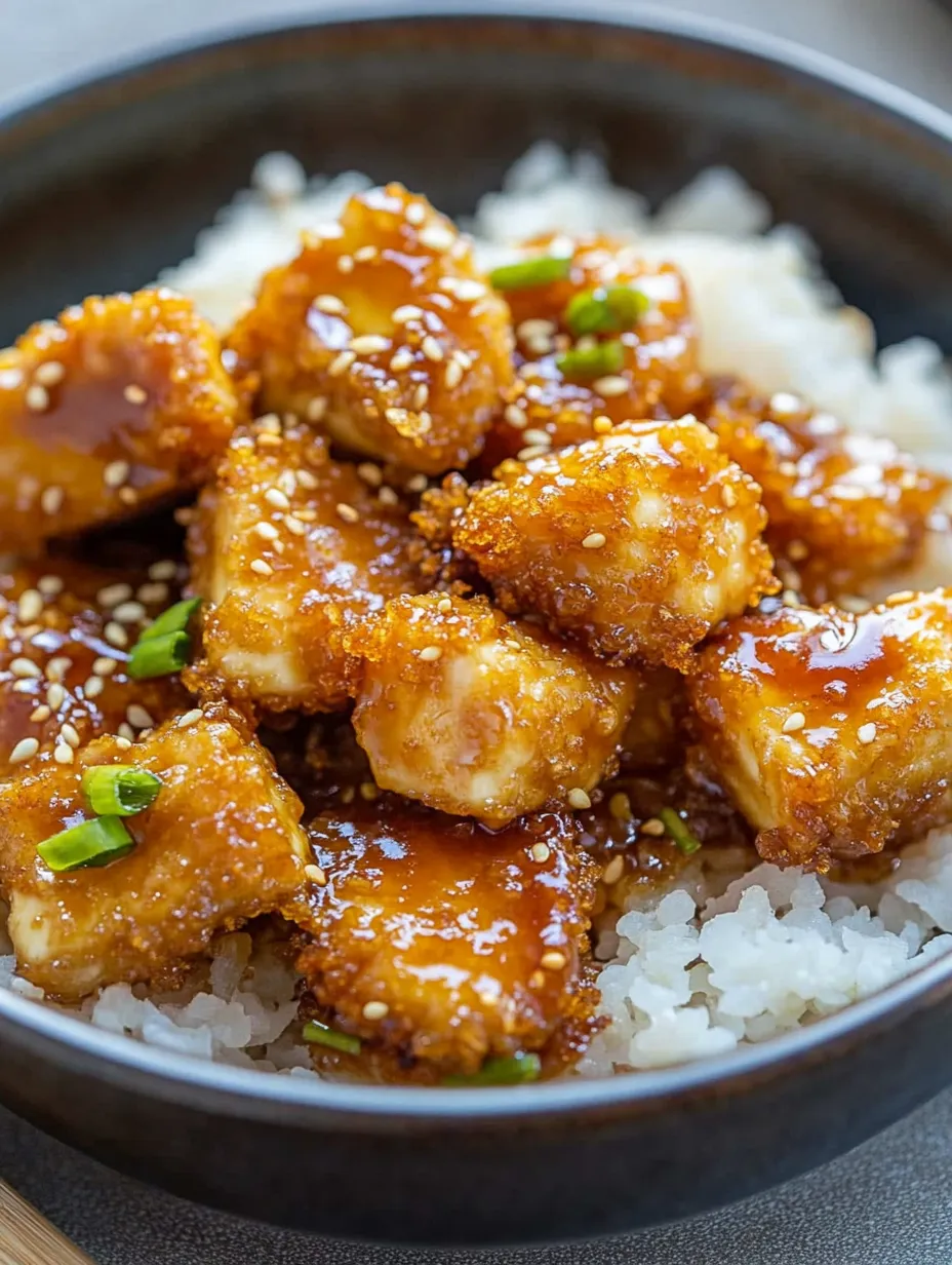 Un bol de tofu crujiente con miel y ajo.