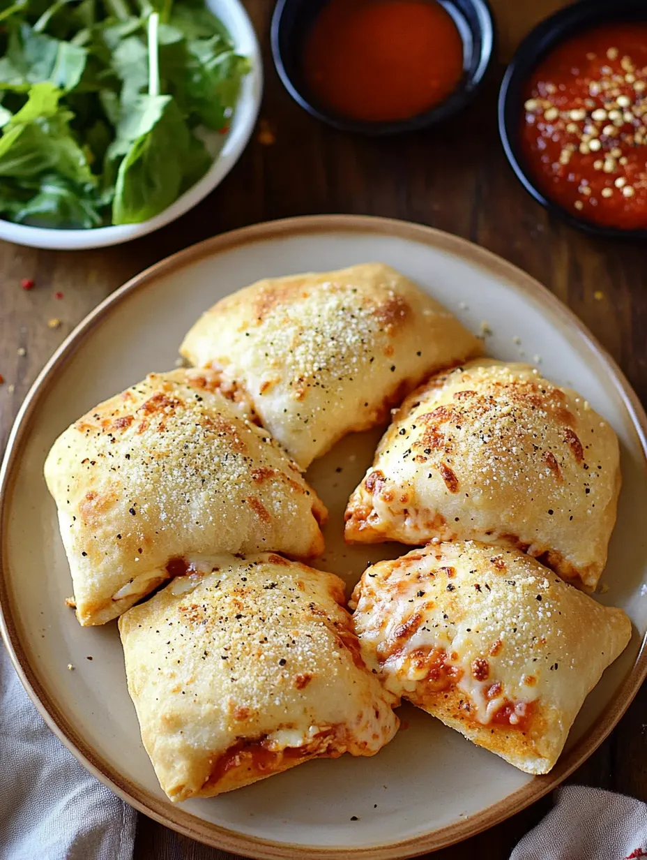 Un plato de bolsillos de pizza con pollo y queso.