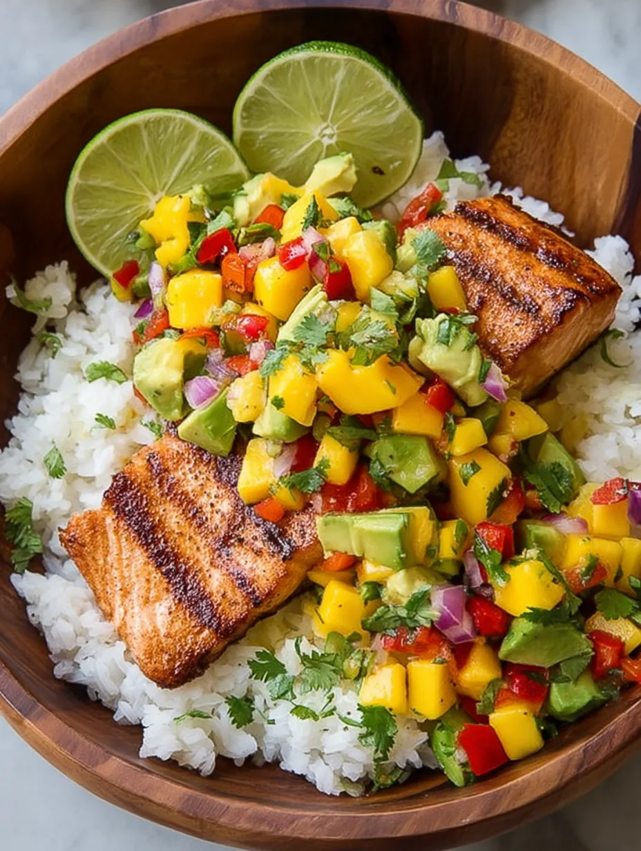 Un plato con salmón a la parrilla, salsa de mango y arroz.