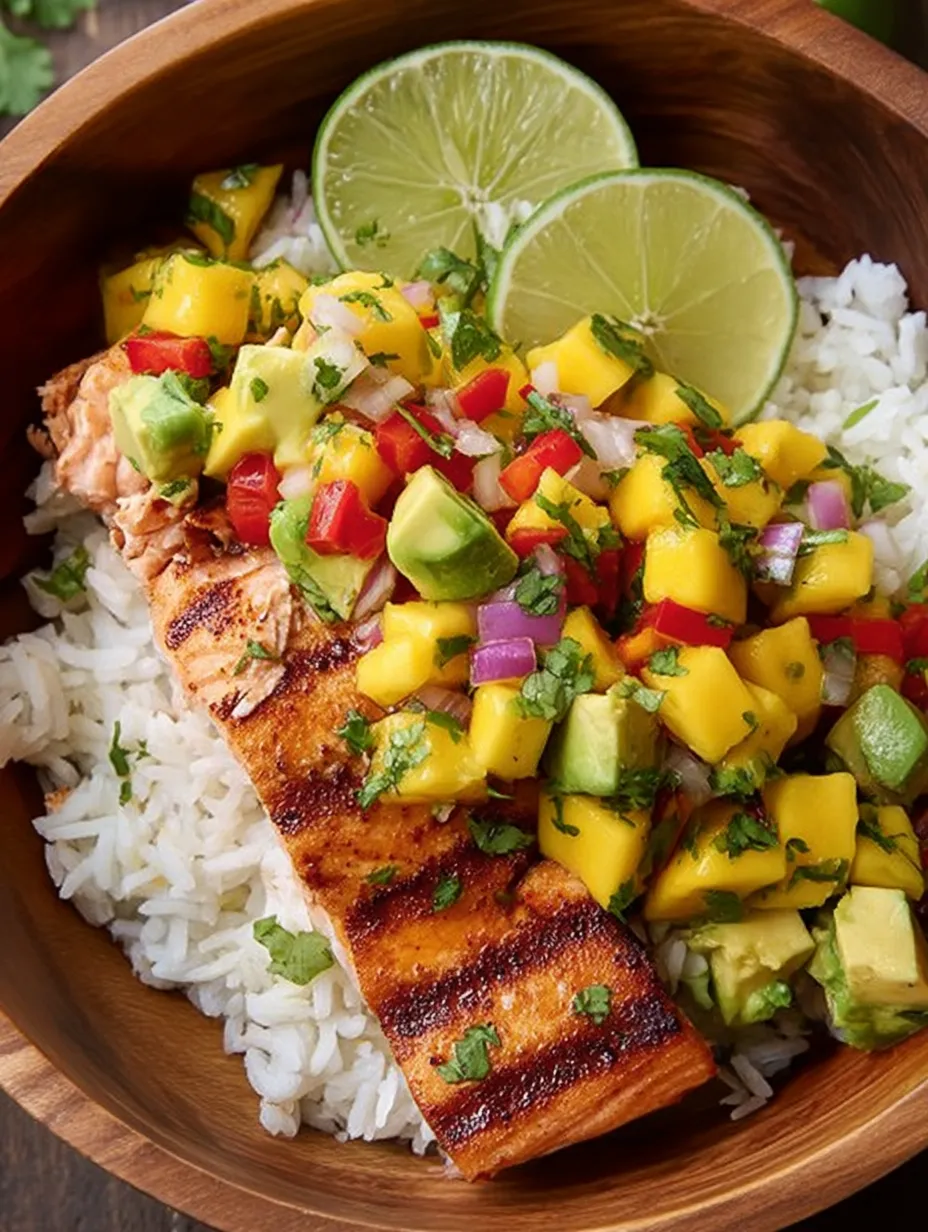 Salmón a la parrilla con salsa de mango.