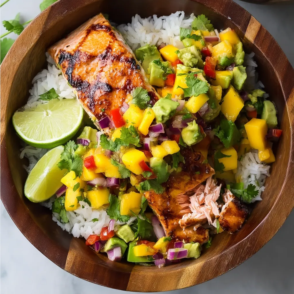 Un plato de salmón a la parrilla con salsa de mango.