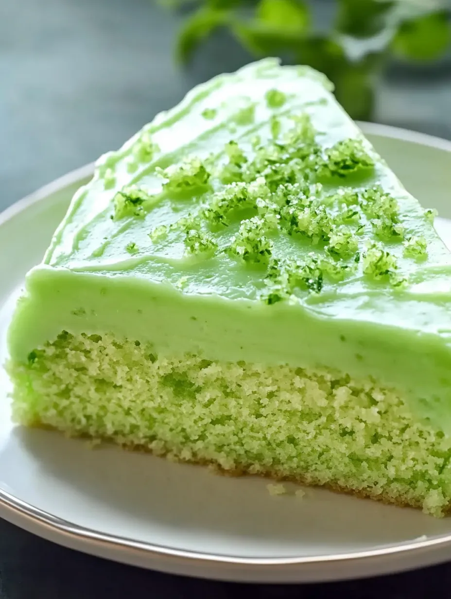 Una rebanada de pastel verde con glaseado de lima.