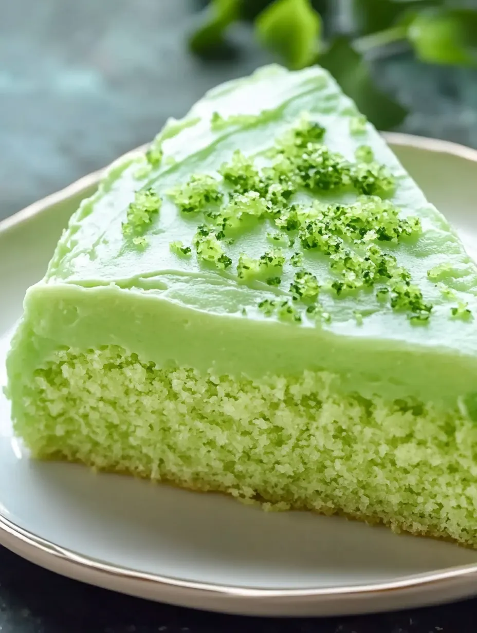 Una rebanada de pastel verde con glaseado de lima.