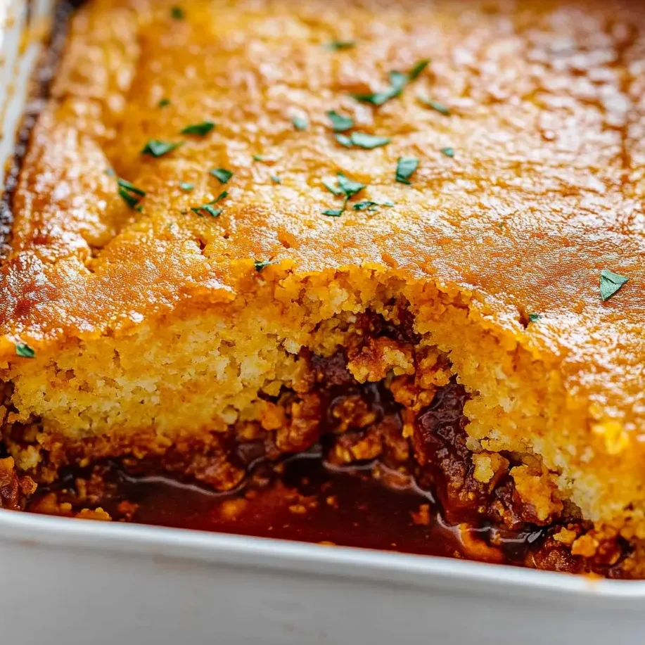 Un plato horneado con cobertura de pan de maíz y relleno de pollo BBQ.