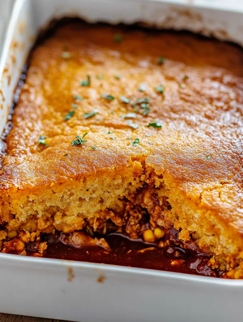 Un plato horneado con corteza de pan de maíz y relleno de pollo BBQ receta.