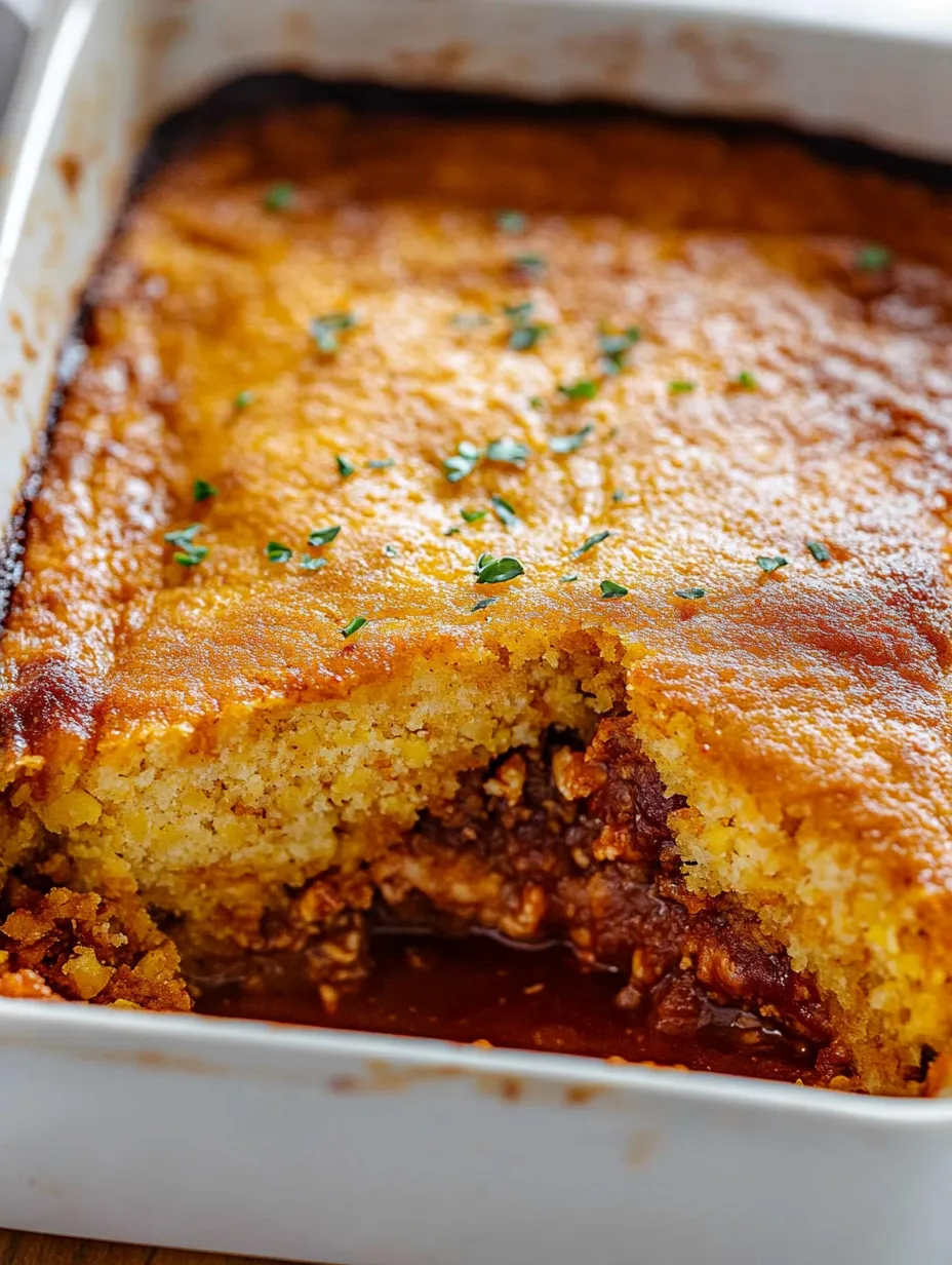 Un plato horneado con corteza de pan de maíz y relleno de pollo BBQ.
