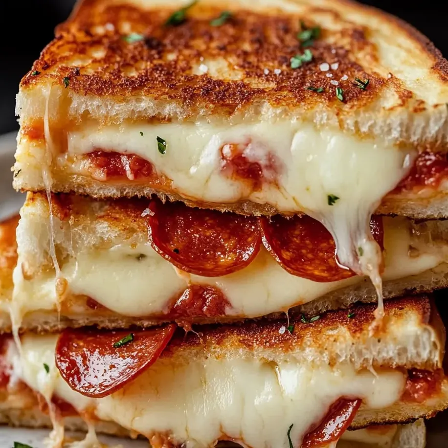 Tres porciones de sándwich de queso con pepperoni estilo pizza.