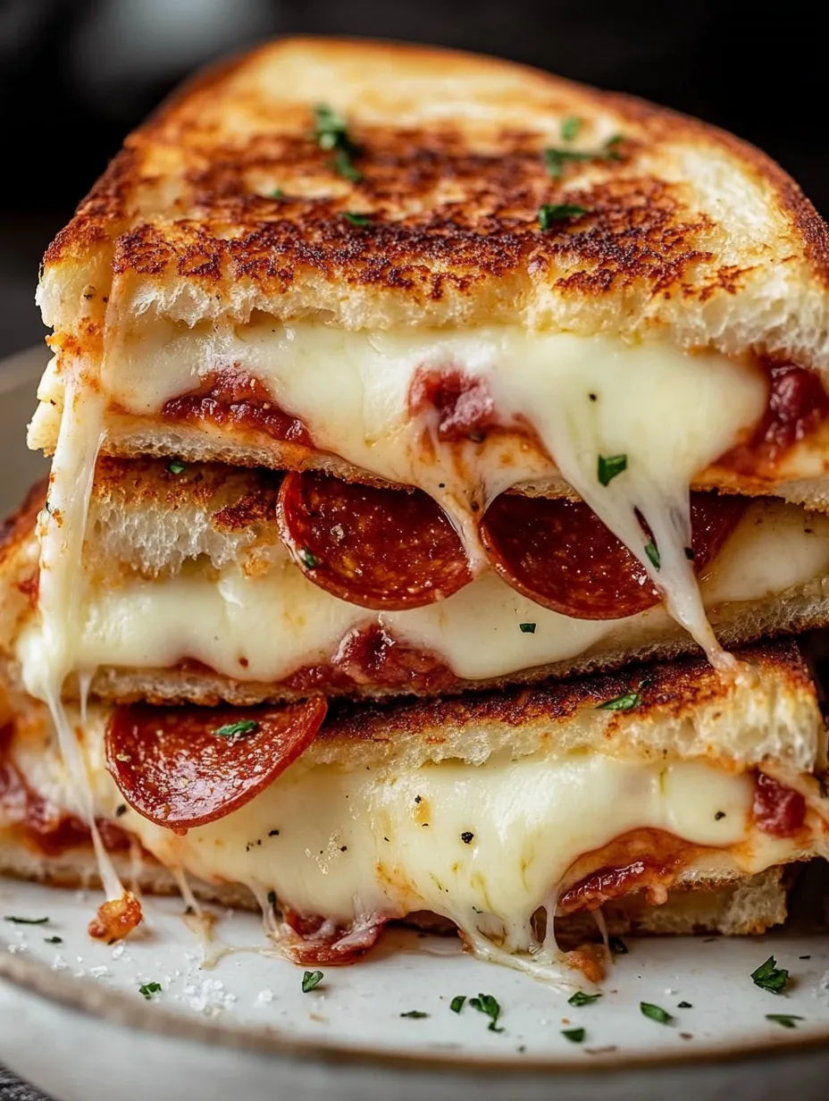 Una pila de sándwiches de queso fundido con pepperoni.