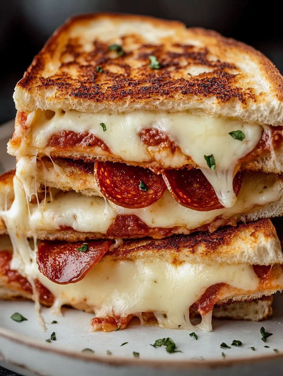 Una pila de sándwiches de queso fundido con pepperoni estilo pizza.