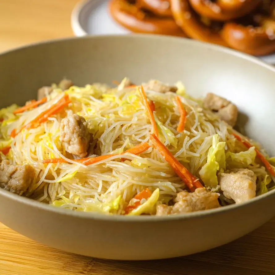 Un plato de pancit con carne y verduras.
