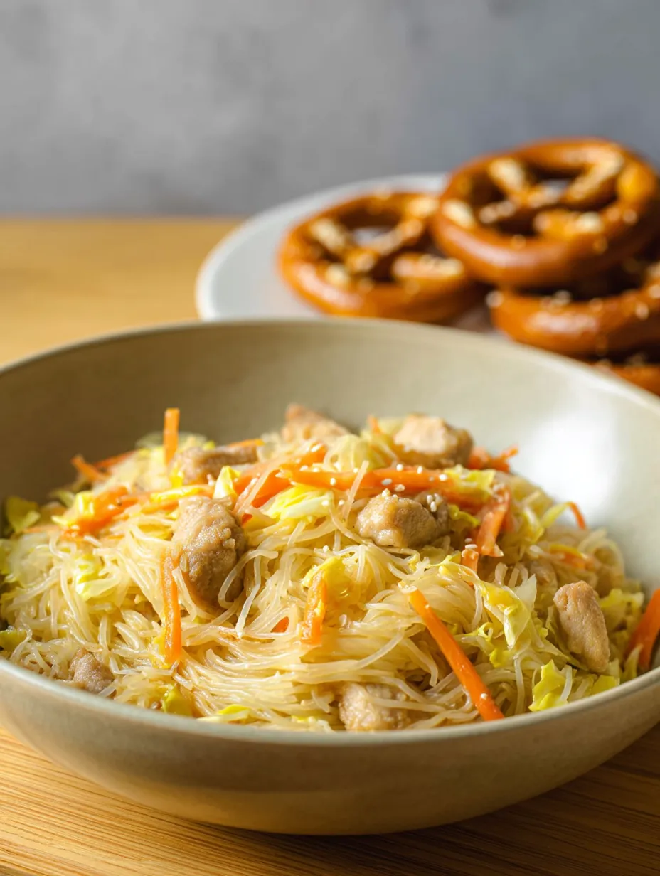 Un plato de fideos con carne y vegetales.