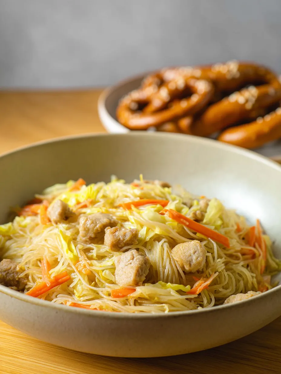 Un plato de fideos pancit con carne y vegetales.