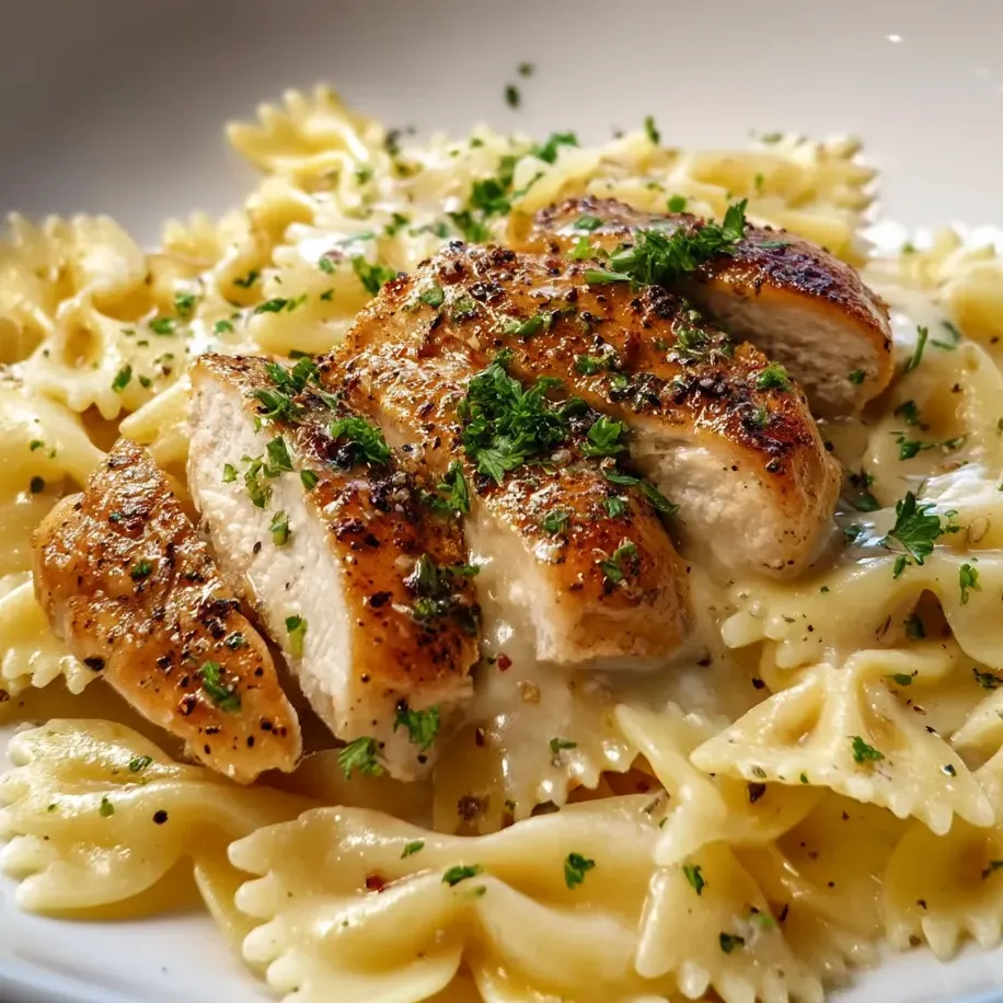 Un plato de pasta con pollo y hierbas.