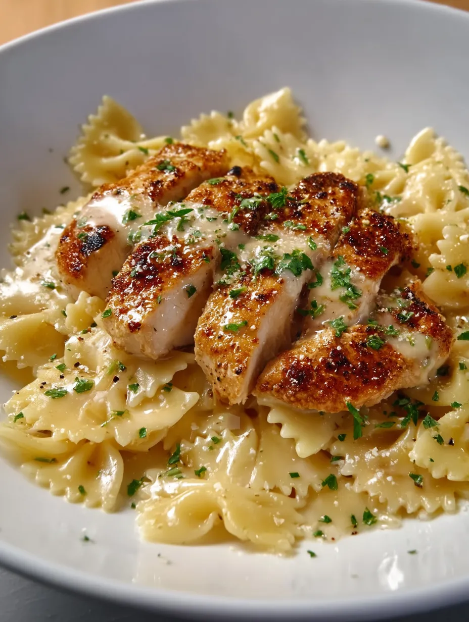 Un plato de pollo cremoso al limón.