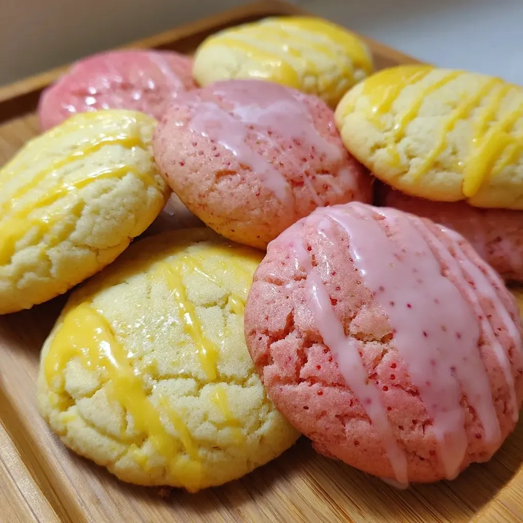 Un plato de galletas con glaseado rosa y amarillo.