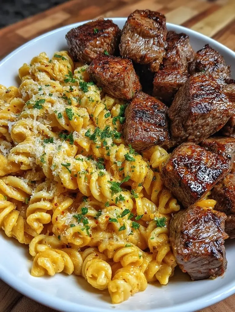Un plato con trocitos de carne con mantequilla de ajo y pasta alfredo cajún.