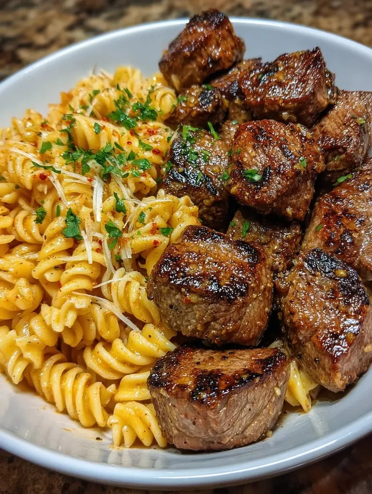 Un tazón de pasta con carne y mantequilla de ajo.