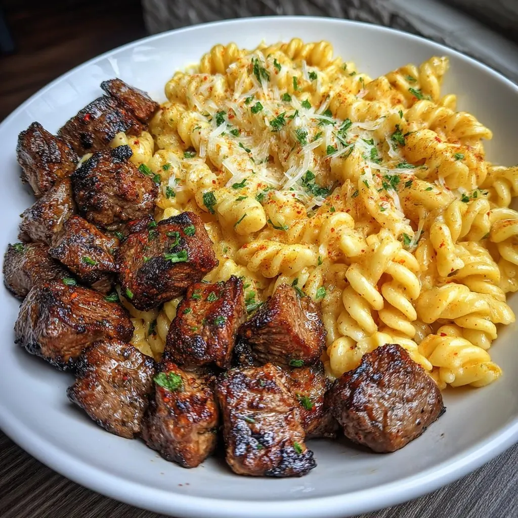 Un plato con trozos de bistec a la mantequilla de ajo y pasta alfredo cajun.