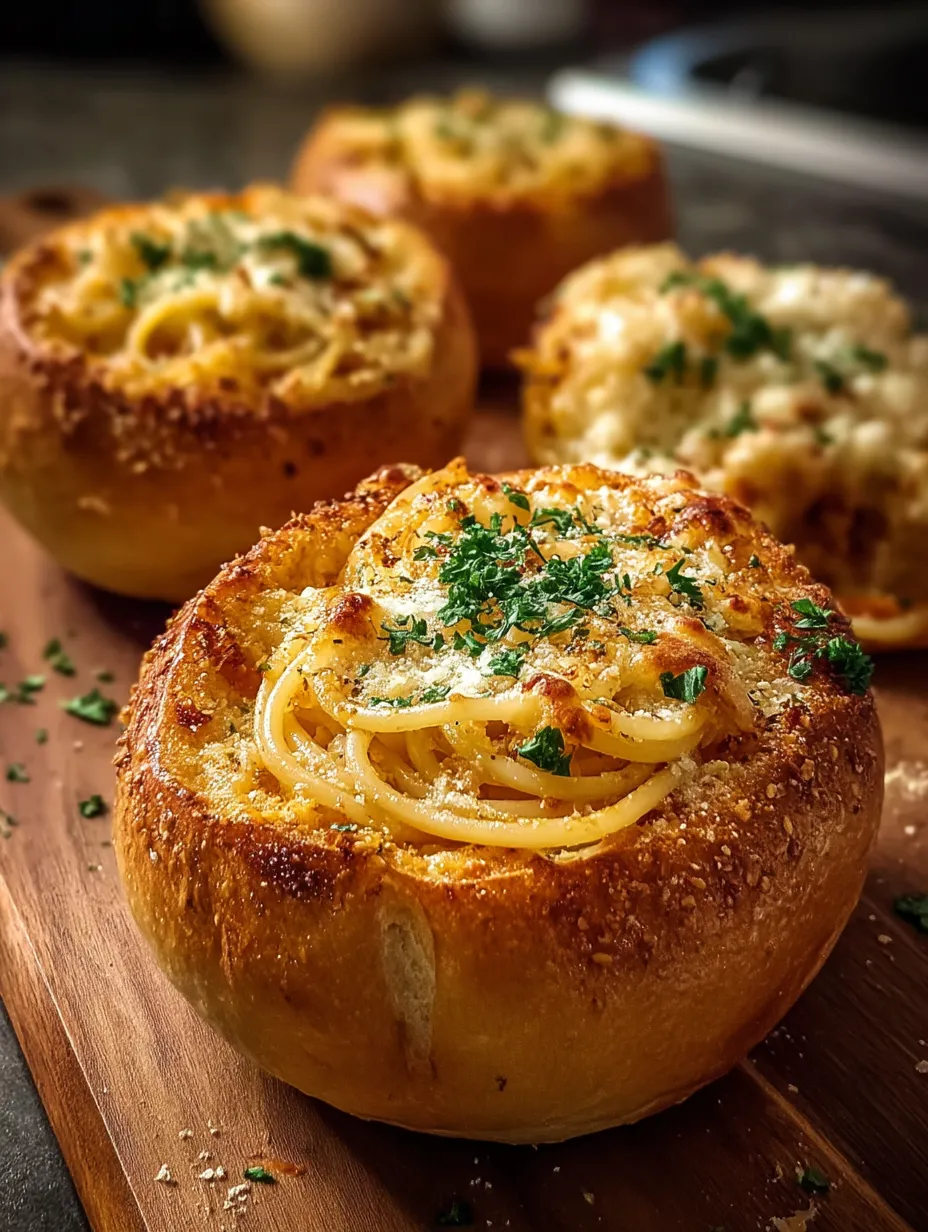 Tres cuencos de pan de ajo rellenos de espaguetis.