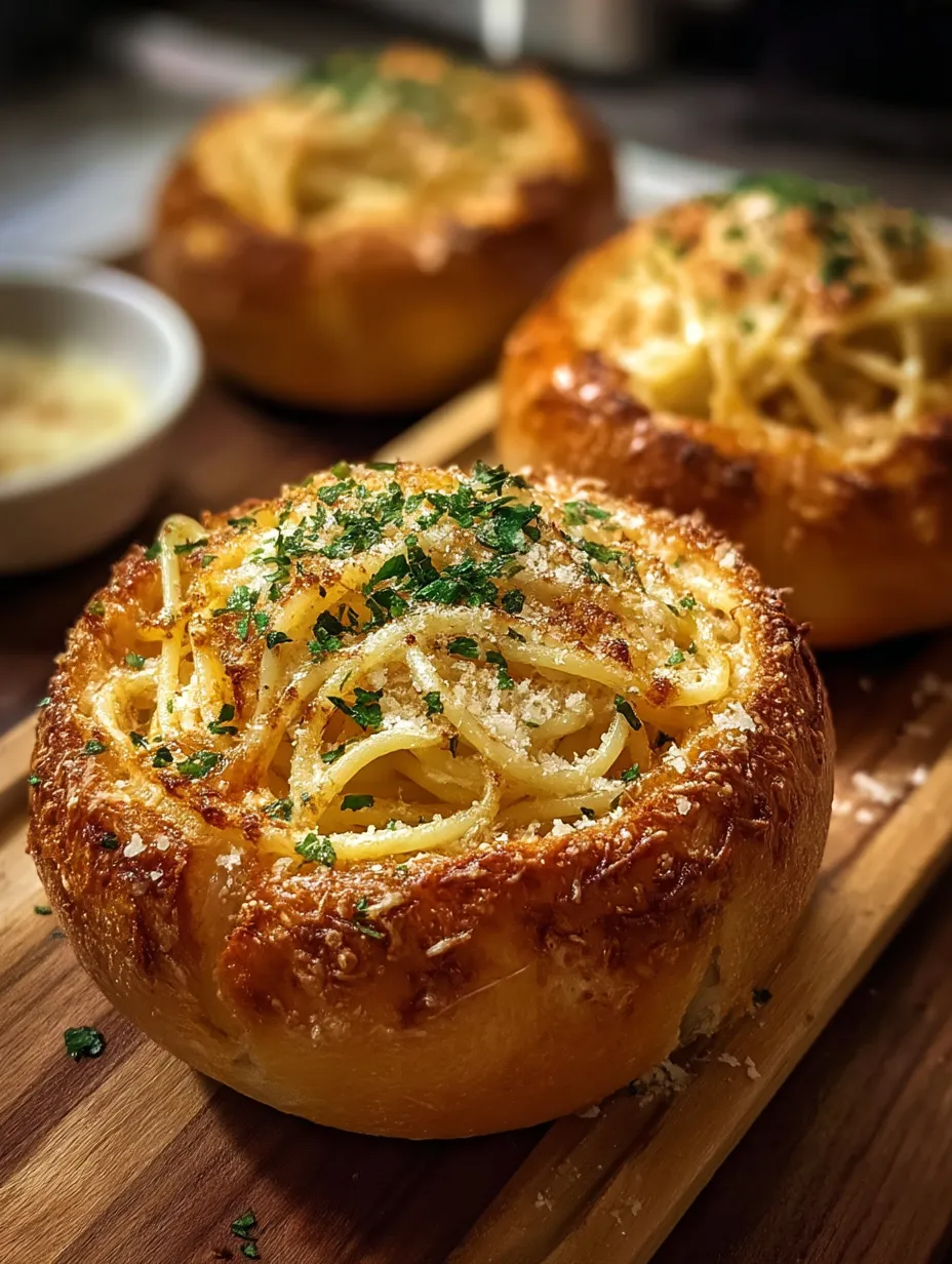 Dos cuencos de pan de ajo con espaguetis.