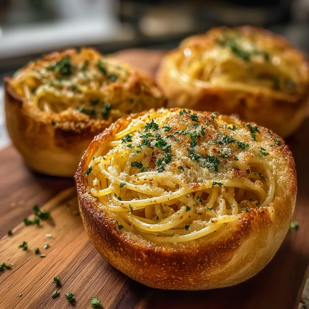 Two bowls of spaghetti garlic bread.