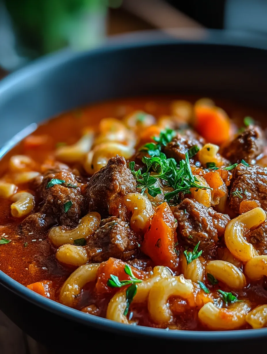 Un tazón de Guiso de la Abuela con fideos y carne.