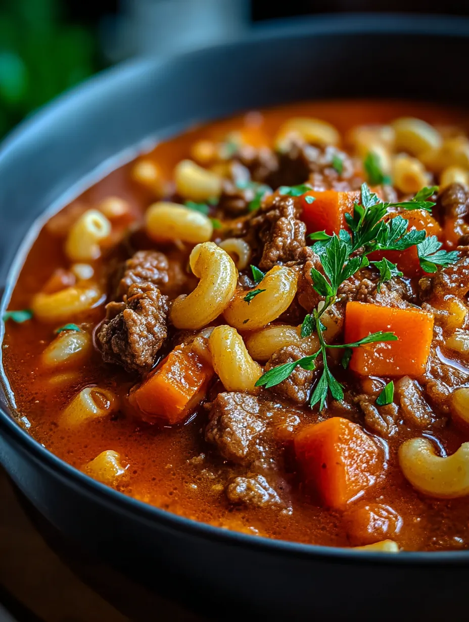 Un tazón de Guiso de la Abuela con fideos y carne.