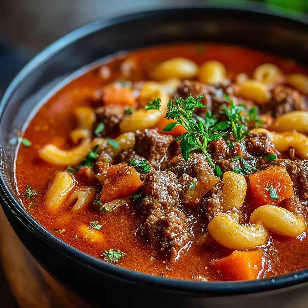 Un plato de Guiso de la Abuela con pasta y carne.
