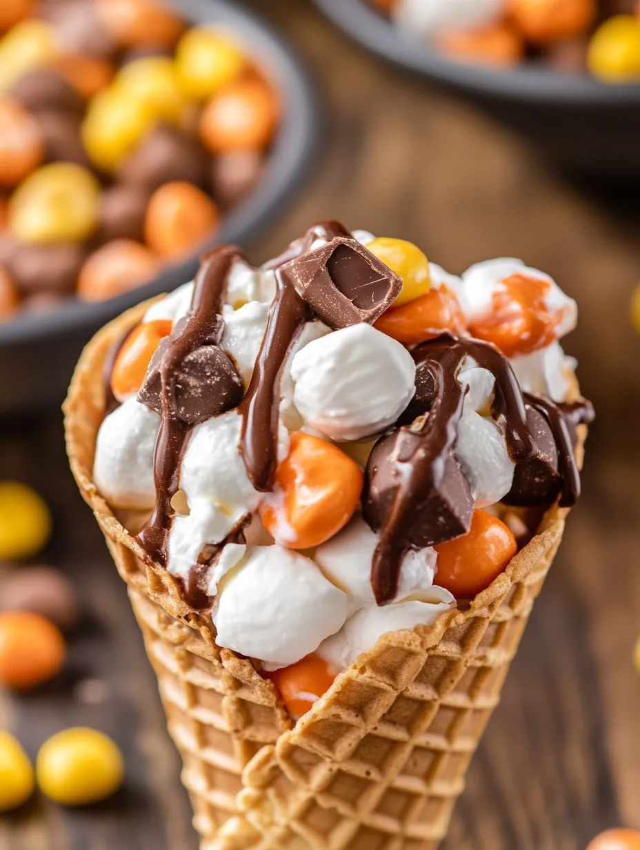 Un delicioso cono campero con Reese's con coberturas de chocolate y blancas.