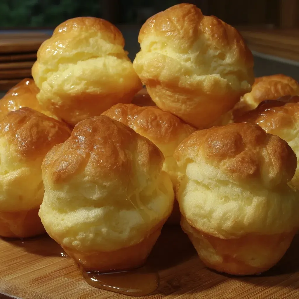 Bollos de monja sobre mesa de madera.