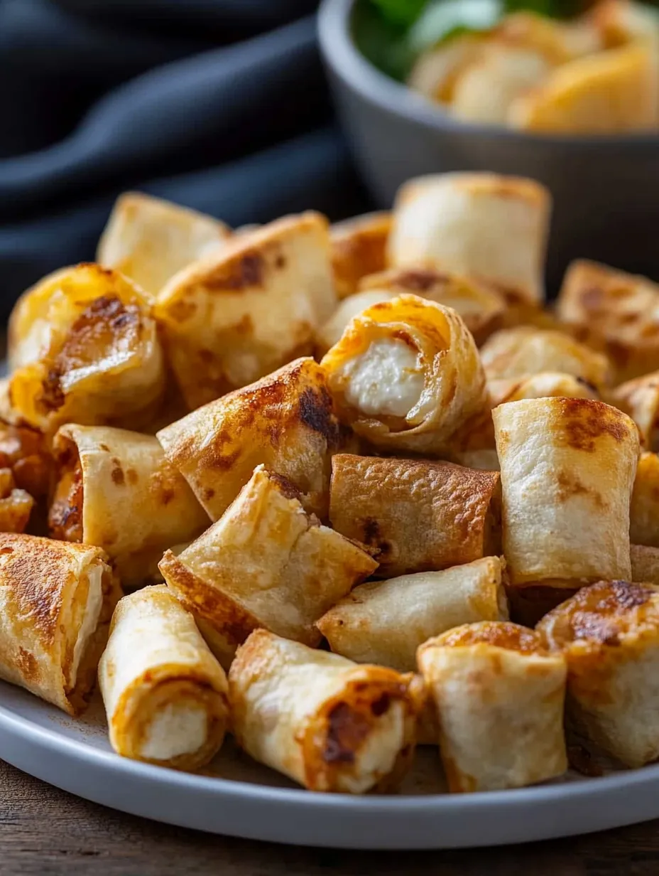 Un plato de bocaditos de tortilla con queso crema.