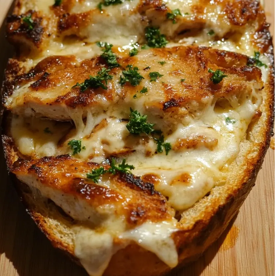 Una rebanada de pan de ajo con pollo Alfredo encima.