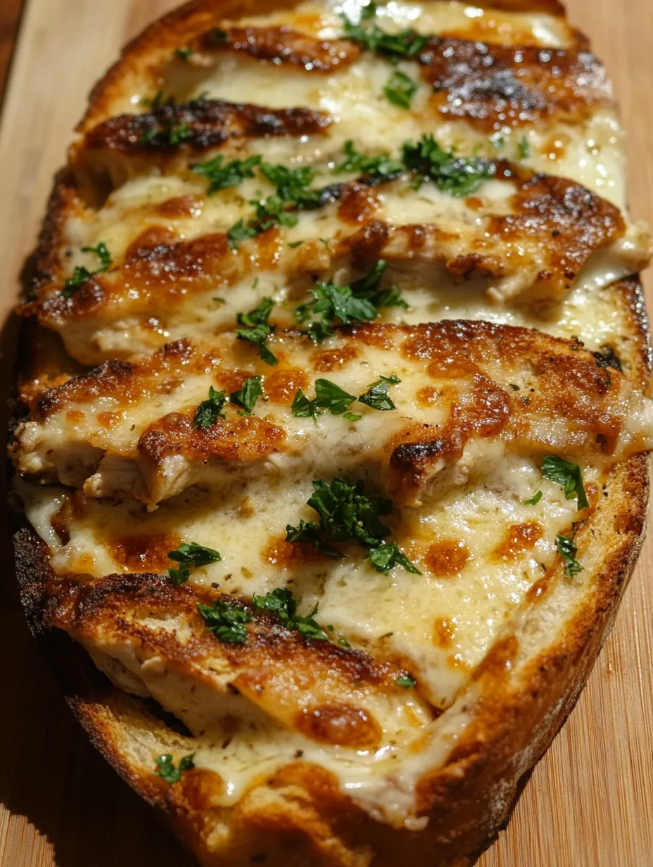 Una rebanada de pan de ajo con pollo Alfredo encima.
