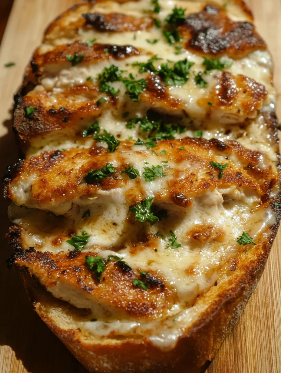 Una rebanada de pan de ajo con pollo Alfredo encima.