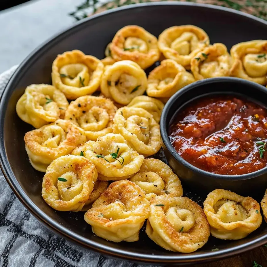 Un bol con tortellini crujiente de freidora de aire y salsa para mojar.