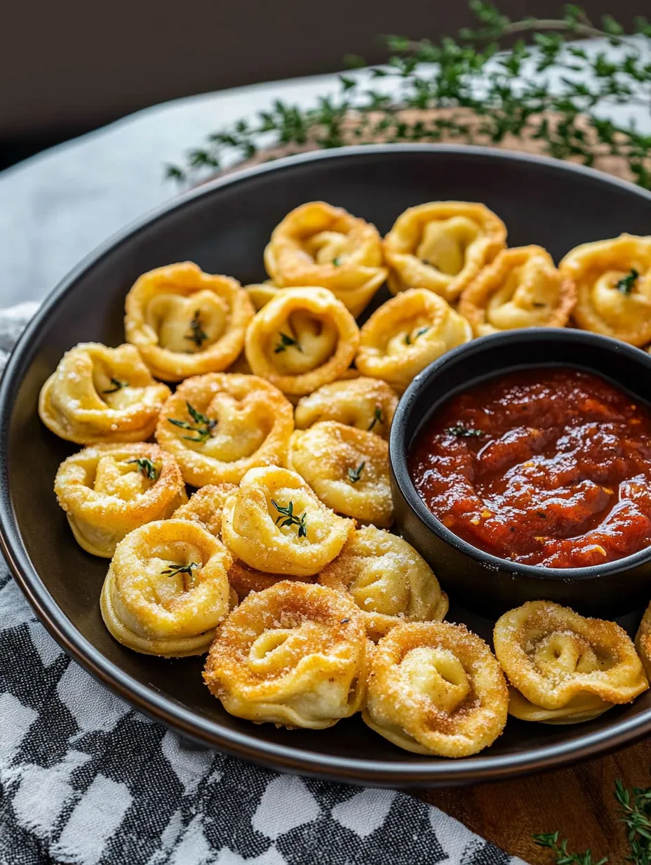 Un plato de tortellini crujientes hechos en air fryer.