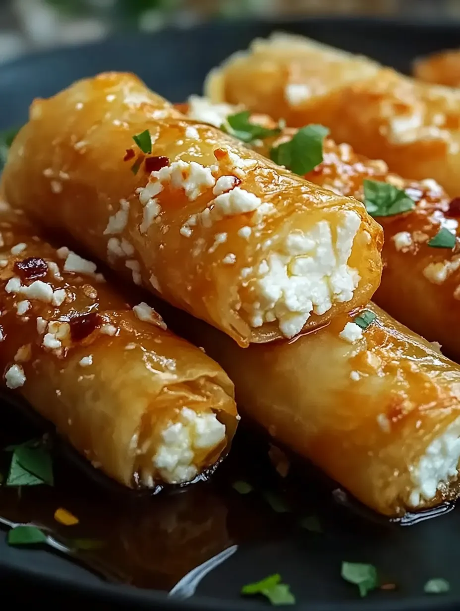 Un plato de rollos de feta al horno con miel y chili.