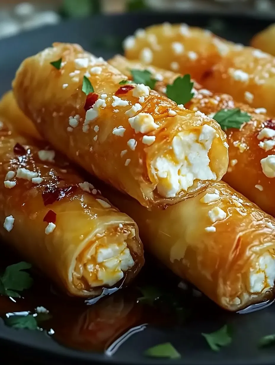 Un plato de rollos de feta al horno con miel y chili.