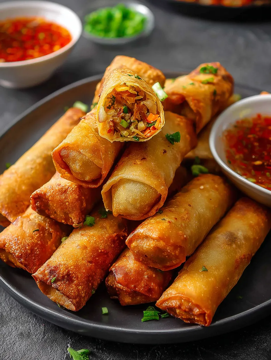 Un plato con lumpia de verduras crujientes.