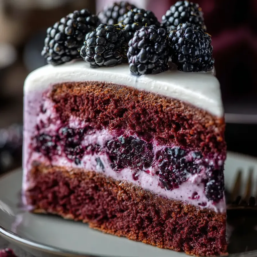 Una rebanada de pastel rojo con moras encima.